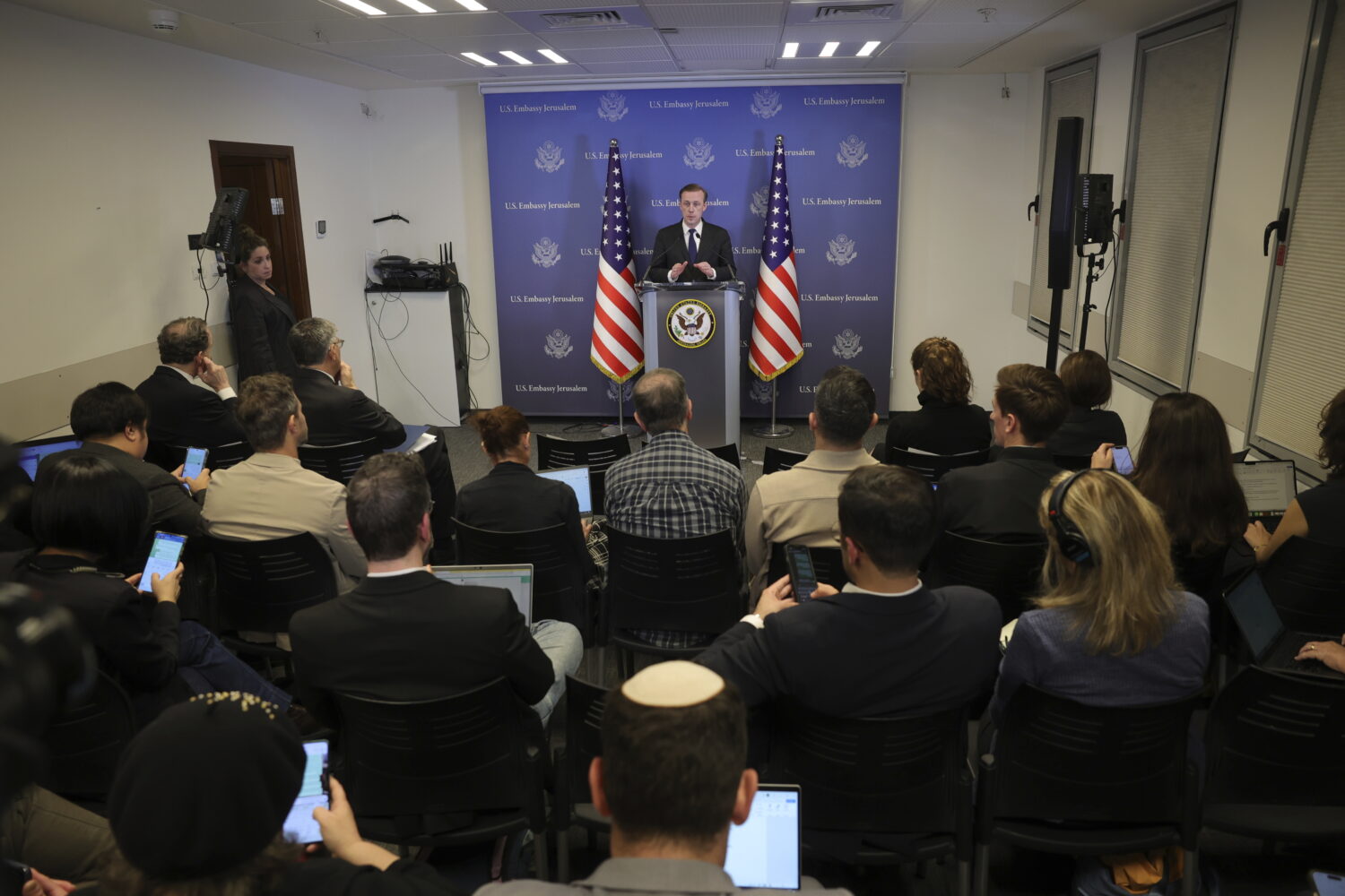 U.S National Security Advisor, Jake Sullivan, speaks during a news conference in Tel Aviv, Israel, ...