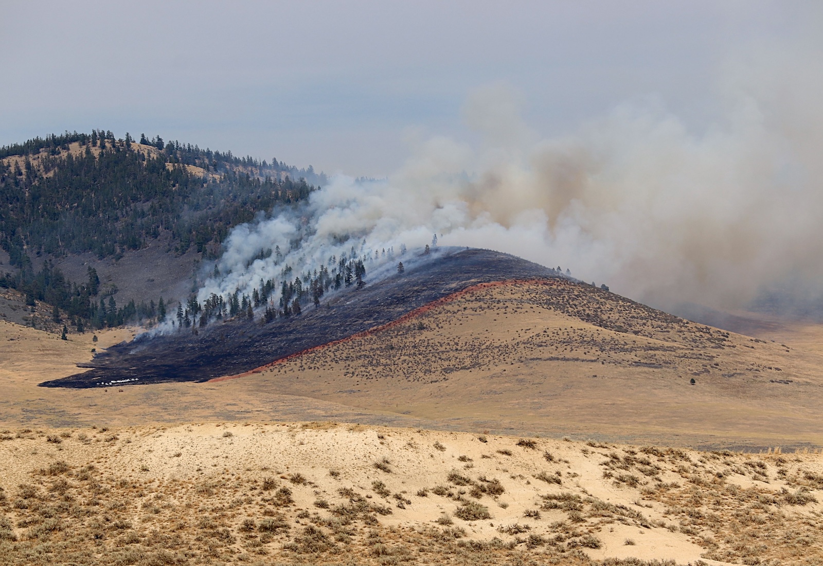 Smoke billows from a fire on dry hills.