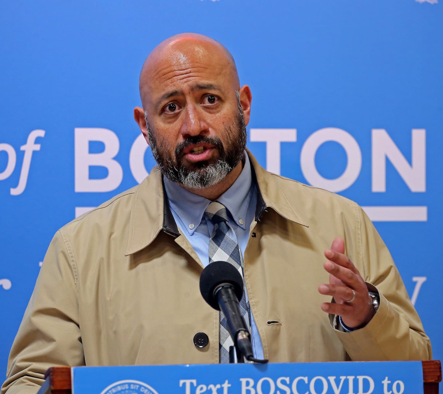 Marty Martinez spoke on behalf of the city during a pandemic update at the YMCA on March 26, 2021, in Boston.
