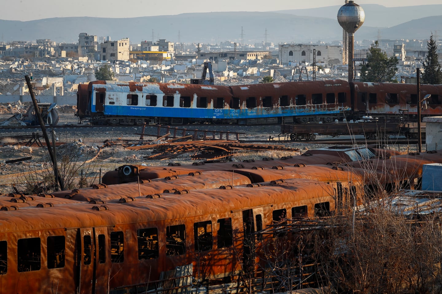 The Qadam train station, which was damaged during the war between rebel forces and ousted President Bashar Assad's forces, is seen in Damascus, Syria, this month.