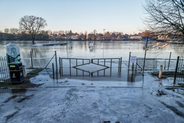 Frozen flood water at Pitchcroft Racecourse in Worcester. January 9, 2025. Release date ??? January 9, 2025. Commuters are being warned of icy roads and travel disruption, as temperatures plummeted again overnight across the UK. Fresh weather warnings have been issued, with snow, ice and fog forecast across southern England, Wales, Northern Ireland and northern Scotland on Thursday. It will be mainly dry elsewhere with winter sunshine, but temperatures could fall again to as low as -16C on Thursday night.