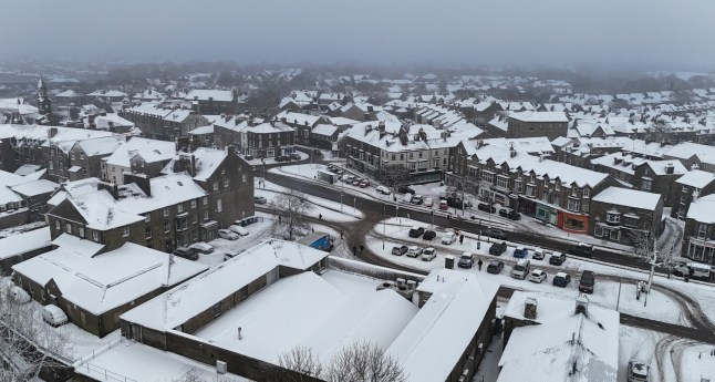 Snow covered rooftops in Buxton, Derbyshire.