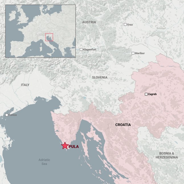 A map showing Pula in Croatia, and the entire Balkan peninsula