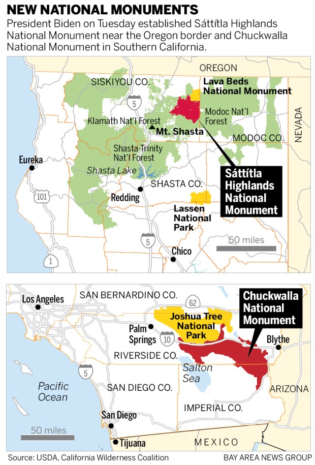 Maps of Sattitla Highlands National Monument near the Oregon border and Chuckwalla National Monument in Southern California