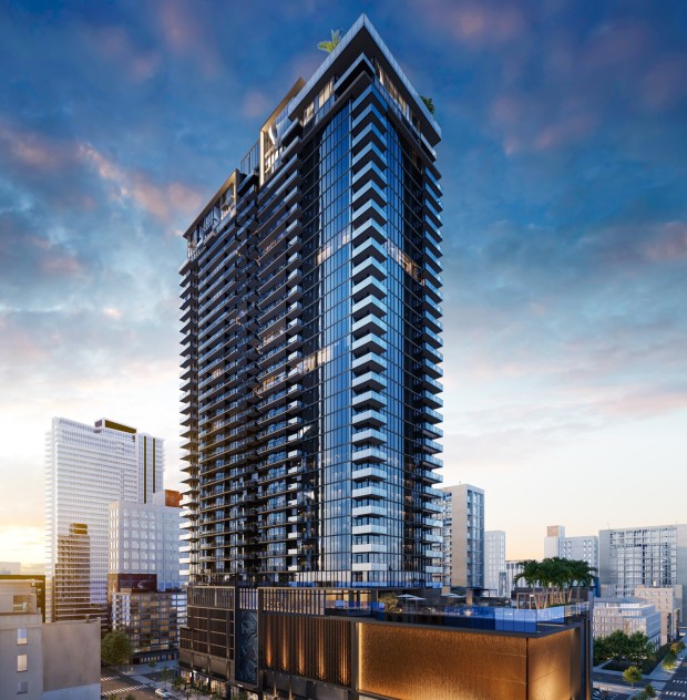 Exterior of the Lindley, a 37-story apartment tower on the edge of Little Italy. (Toll Brothers)