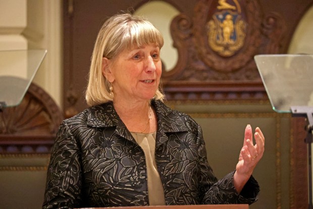 Senate Pres. Karen Spilka speaks as new members of the House and Senate are sworn in on Jan. 1. (Staff Photo By Stuart Cahill/Boston Herald)