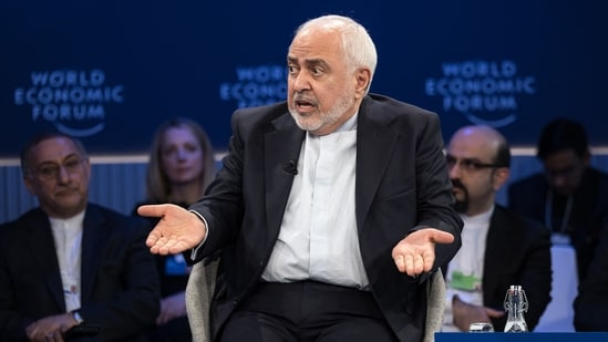 Iran's Vice-President for Strategic Affairs, Mohammad Javad Zarif, gestures as he addresses the audience during the World Economic Forum (WEF) annual meeting in Davos on January 22, 2025.(AFP)