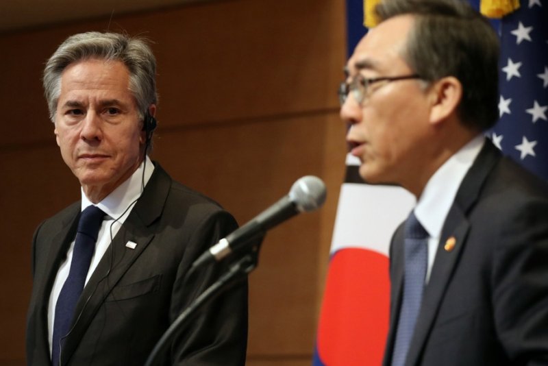 U.S. Secretary of State Antony Blinken (L) and South Korean Foreign Minister Cho Tae-yul attend a joint press conference in Seoul last week. Blinken was on a mission to reaffirm America's "ironclad" alliance with the Asian country, the State Department said. Chung Sung-Jun / Pool/EPA-EFE