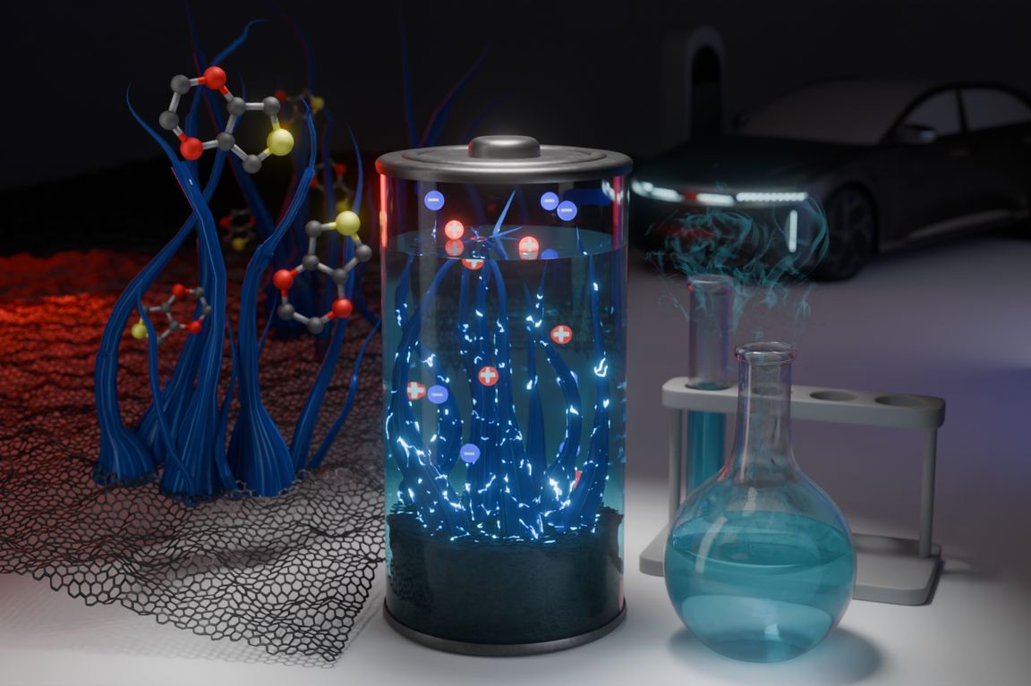 Illustration of a PEDOT film on a graphene sheet that can be used in supercapacitors to store large amounts of energy.
