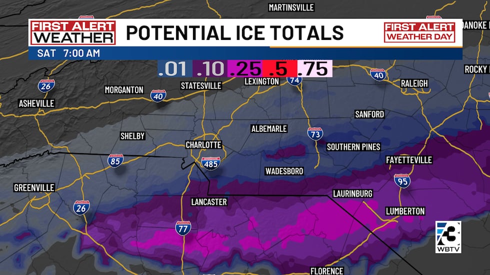 A tenth to a quarter of an inch of ice is possible in communities south of Charlotte.