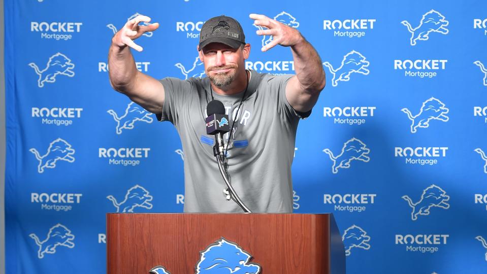 DETROIT, MI - AUGUST 03: Detroit Lions head coach Dan Campbell tells a story during the morning press conference during the Detroit Lions preseason OTA practice on Tuesday August 3, 2021 at Comerica Park in Detroit, MI. (Photo by Steven King/Icon Sportswire via Getty Images)