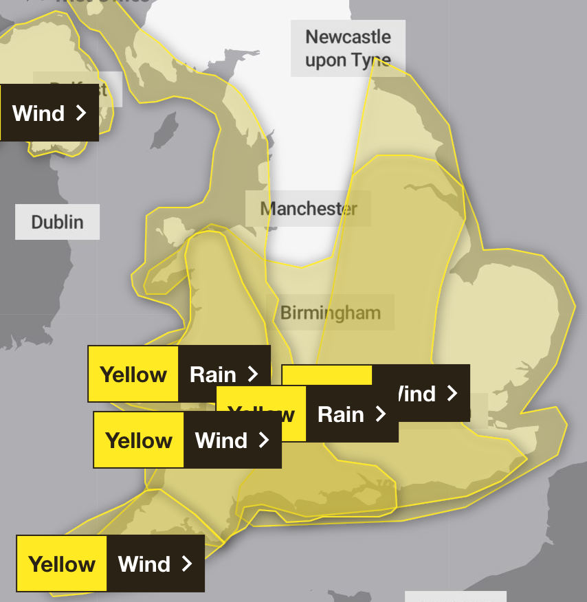 A host of weather warnings are in force on Sunday in southern parts of the UK (Met Office)