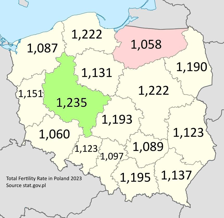 Total Fertility Rate in Poland by Voivodships in 2023