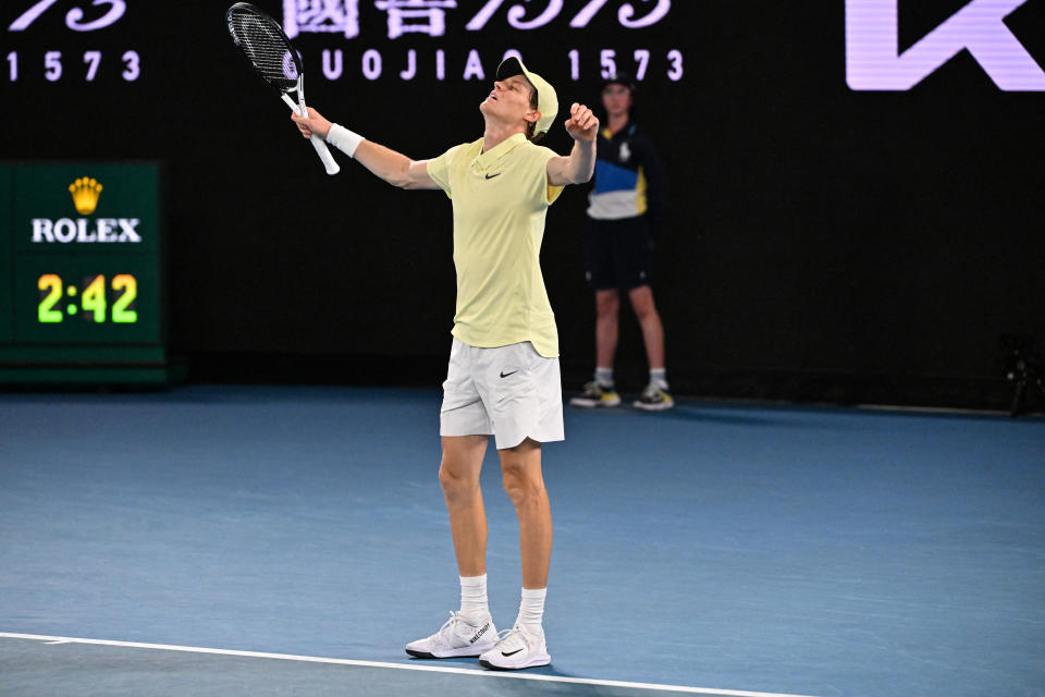 Italy's Jannik Sinner celebrates his victory against Germany's Alexander Zverev during their men's singles final match on day fifteen of the Australian Open tennis tournament in Melbourne on January 26, 2025. (Photo by WILLIAM WEST / AFP) / -- IMAGE RESTRICTED TO EDITORIAL USE - STRICTLY NO COMMERCIAL USE -- (Photo by WILLIAM WEST/AFP via Getty Images)