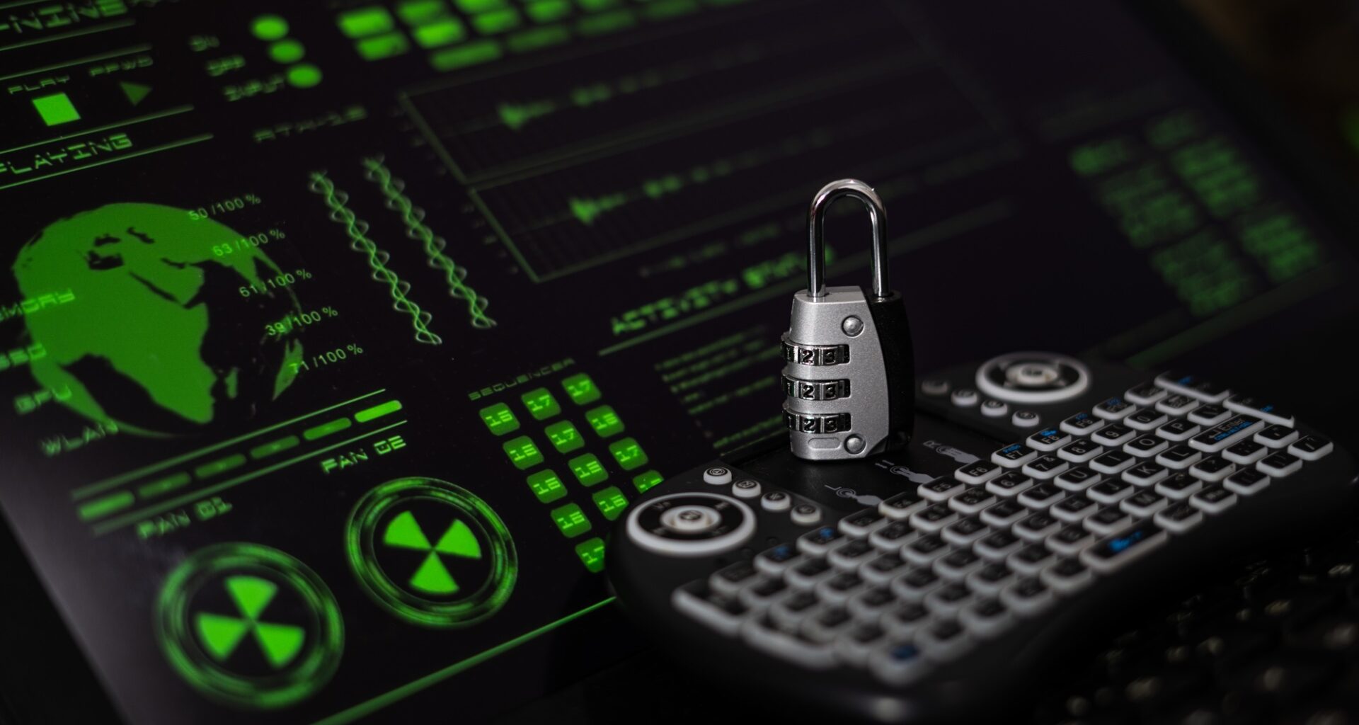 Cyber Security concept, padlock, small keyboard, and hacker screen
