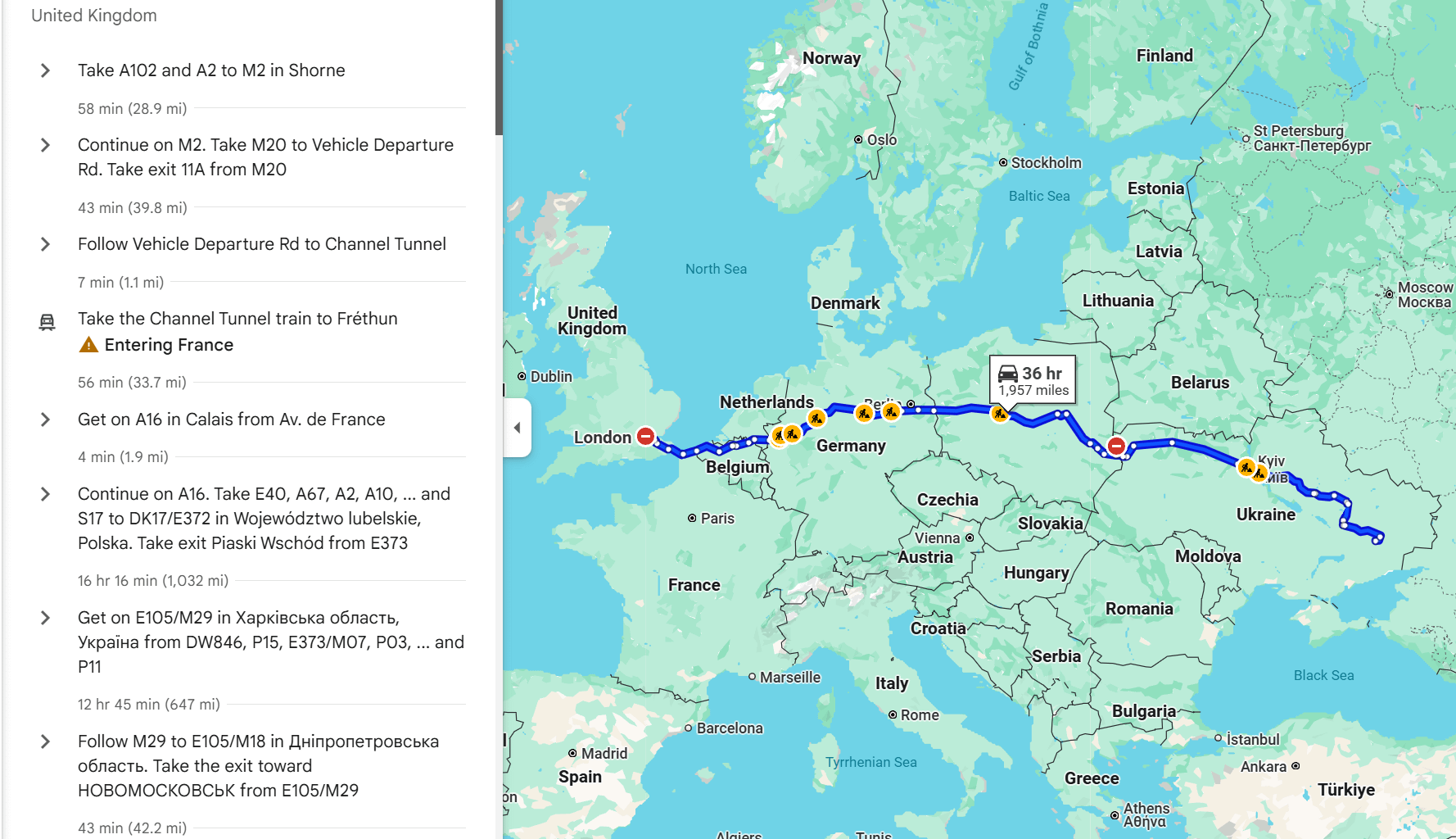When driving from London to the Front lines of the Russo-Ukranian war, a warning is issued for driving through Fr*nce, but not for driving into a warzone.