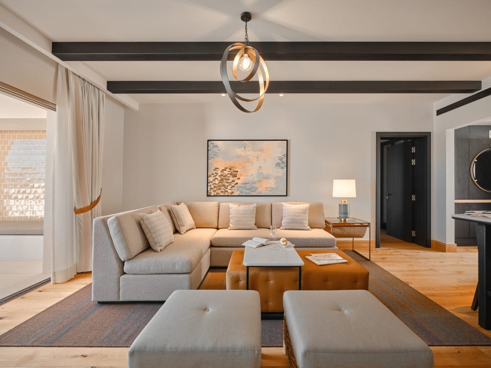 Modern living room with sectional sofa and decorative elements.