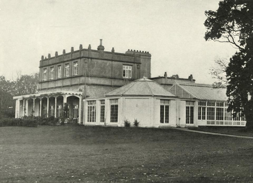 A black and white photo of the exterior of Royal Lodge in Windsor