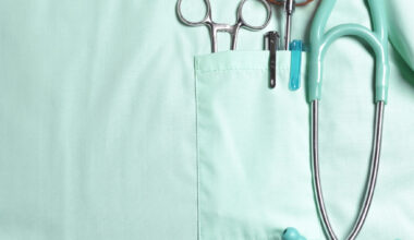 Doctors pockets with medical instruments.