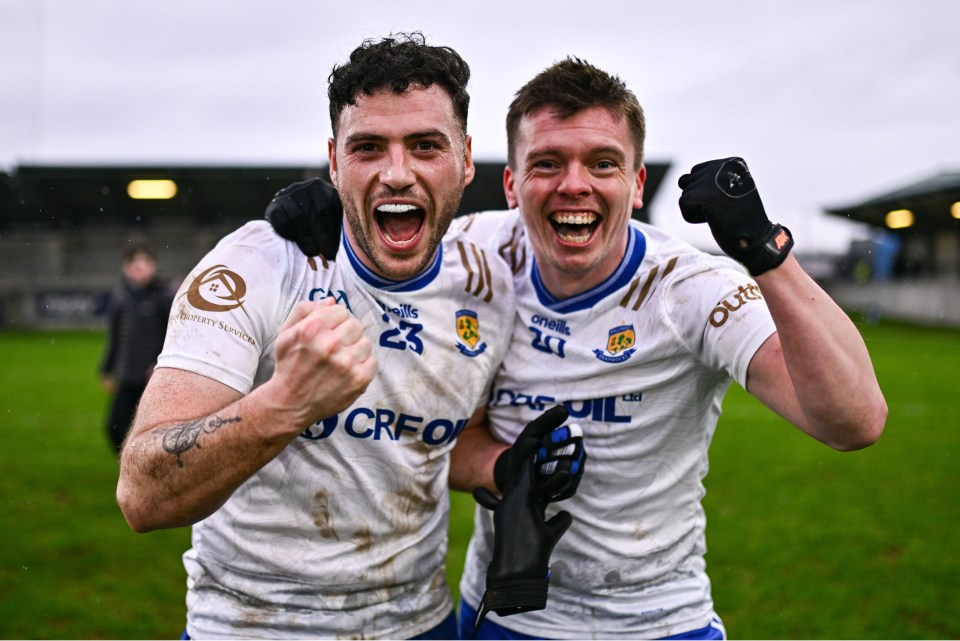 Ballinderry players Daniel McKinless and Matt Quinn celebrate after their side's victory in the All-Ireland Intermediate Club Championship semi-final match against Austin Stacks