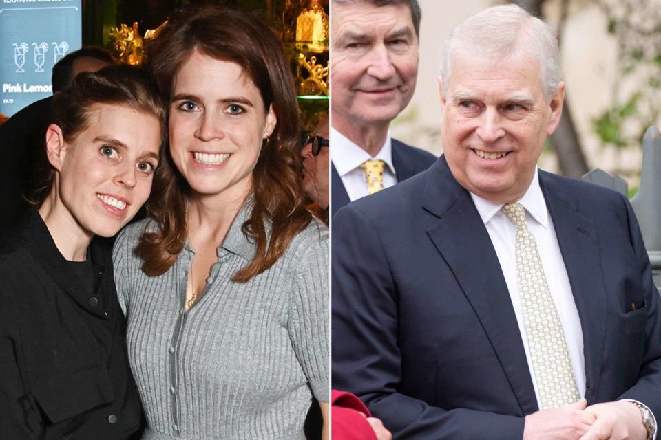 Dave Benett/Getty; Mark Cuthbert/UK Press via Getty (Left) Princess Beatrice and Princess Eugenie at the Ellie Goulding X SERVED private party at Royal Albert Hall in London on April 11, 2024; (Right) Prince Andrew at the Easter Mattins Service at St. George's Chapel, Windsor Castle on March 31, 2024