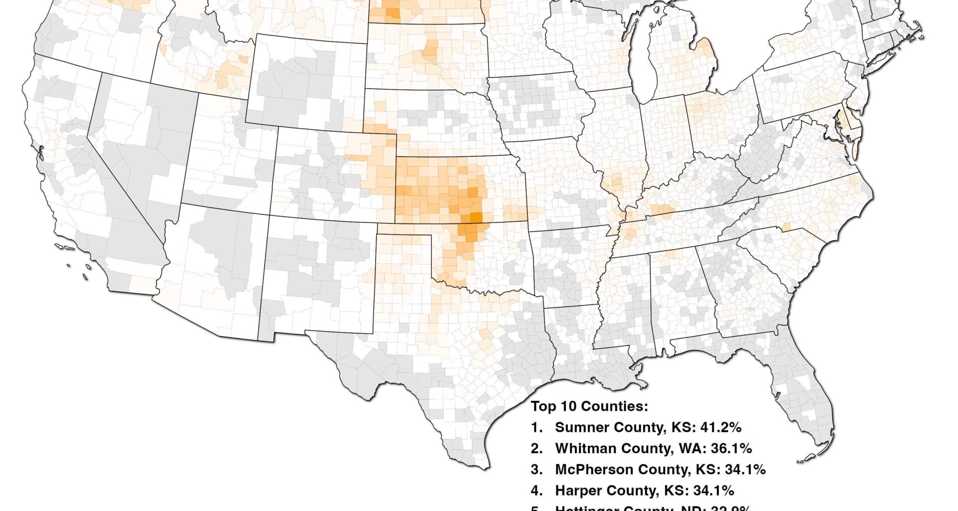[OC] Portion of Land Area Used for Wheat Farming in the US