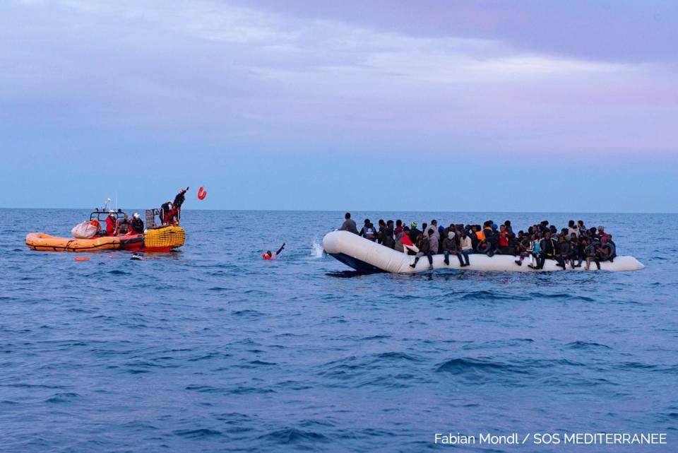 An overcrowded rubber boat in distress was spotted from the bridge of the Ocean Viking. The operation almost turned critical when 2 people went overboard. They were recovered by the rescue team. A total of approx.104 people were rescued as night set in.