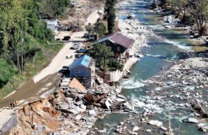 flooding and destroyed buildings