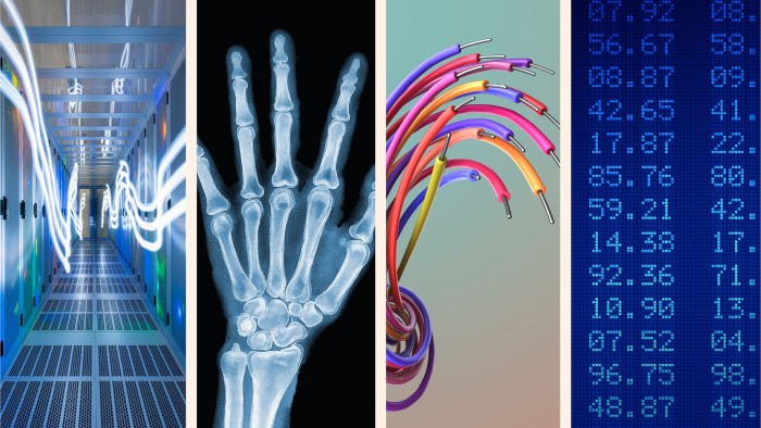 Montage shows data storage, an x-ray, electrical wires and markets data
