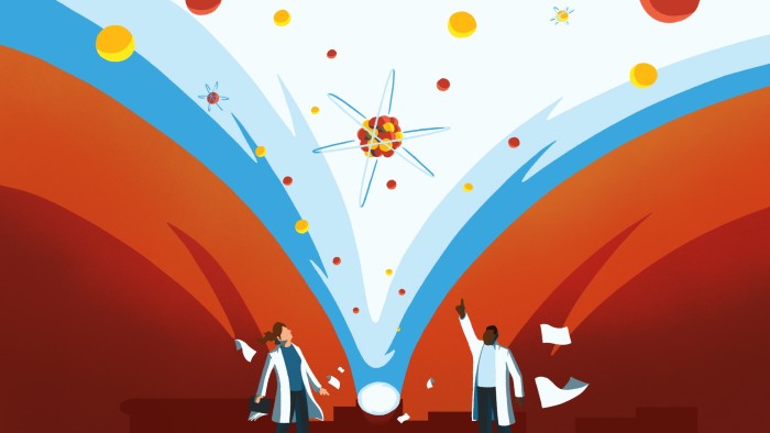 Andy Carter illustration of the European Spallation Source firing a neutron beam and scientists looking up in awe and studying the neutrons.