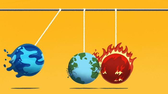 Andy Carter illustration of a Newton’s cradle, with the central ball shaped as the Earth and with balls either side seen as the world with overflowing oceans and the world on fire smashing into it