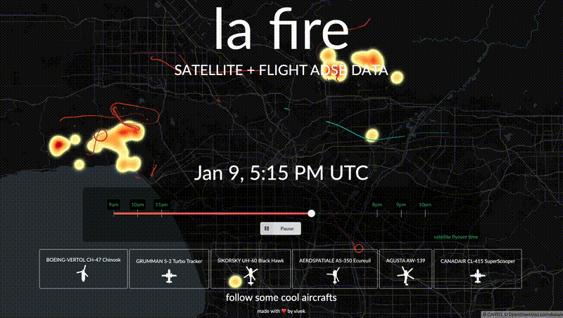 [OC] Los Angeles fire satellite data + firefighting efforts visualized together