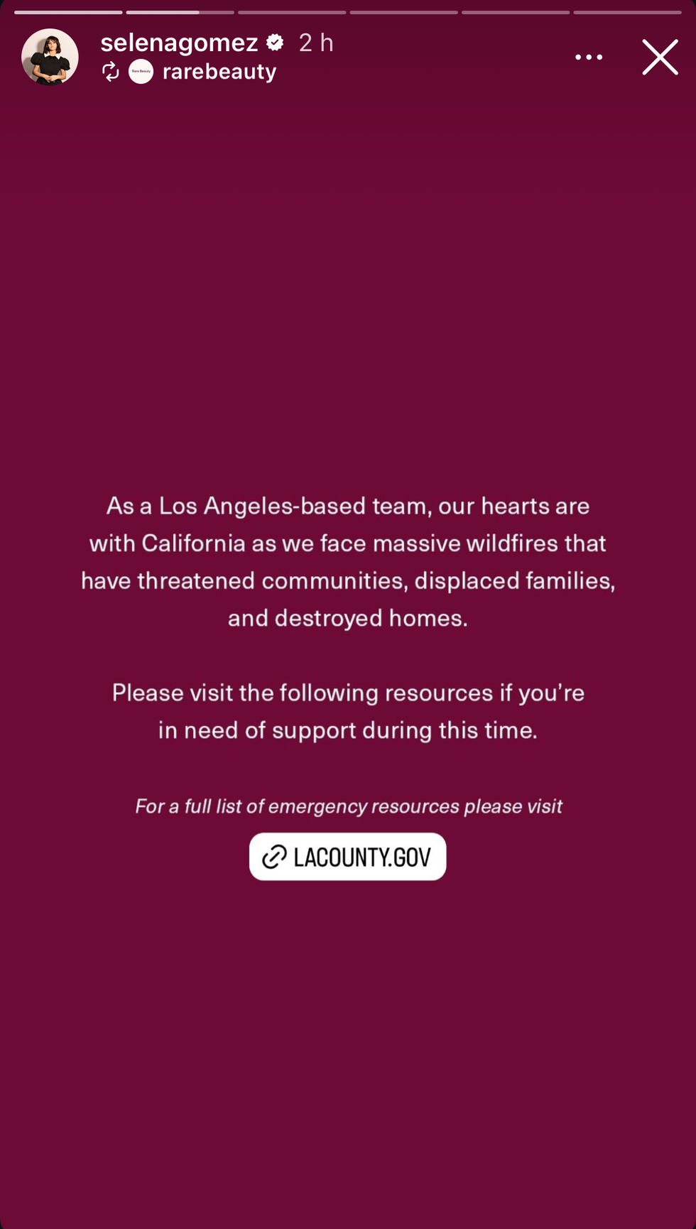 selena gomez and rare beauty's post about the la fires