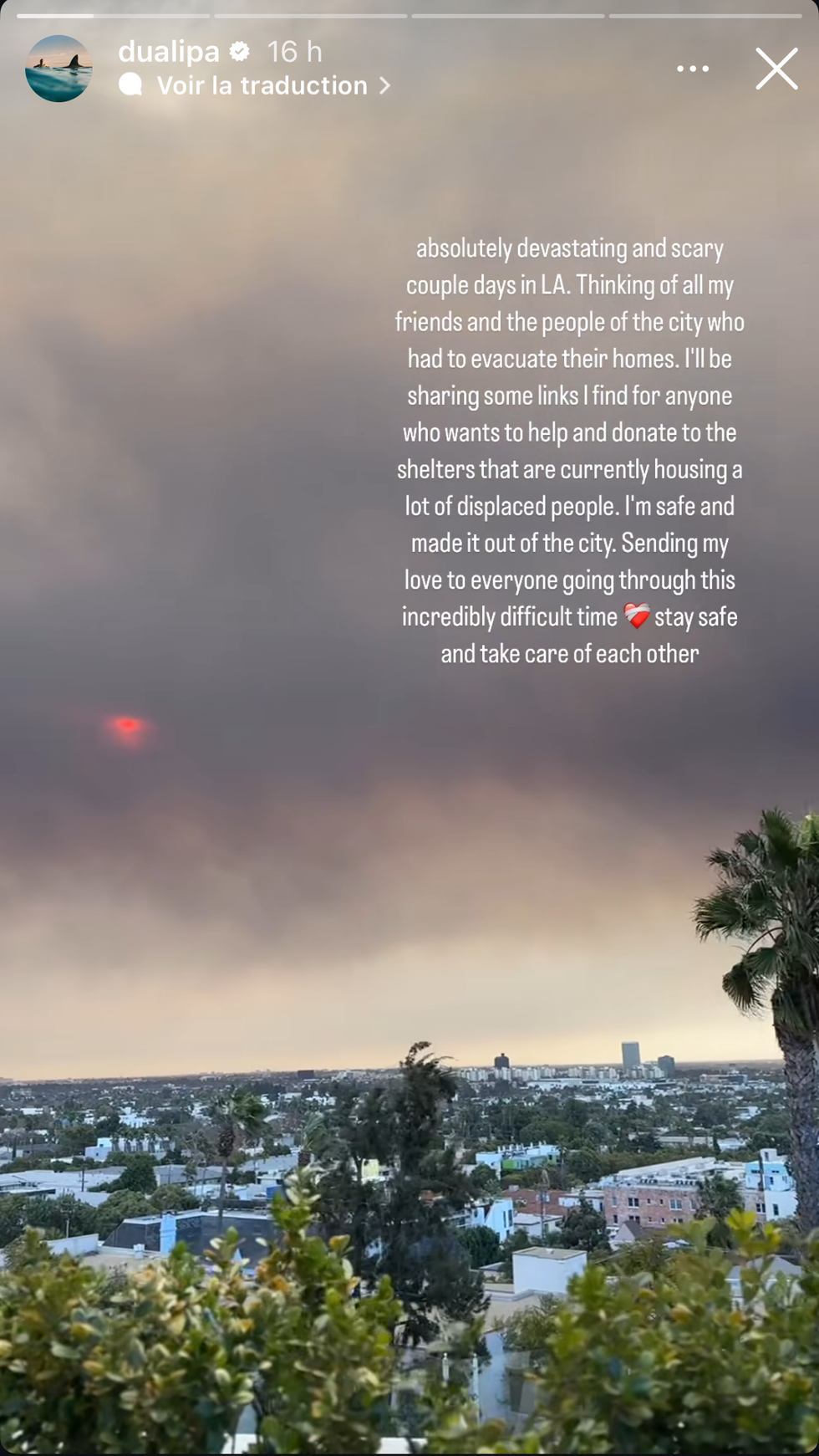 dua lipa's instagram story on the la fires