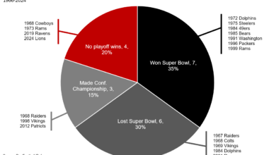 [OC] The Detroit Lions who lost in the Divisional Round of the playoffs, have the 15th best point differential in the Super Bowl era. Here is the playoff success of the top 20 in point differential from 1966-2024. (NFL, American football)