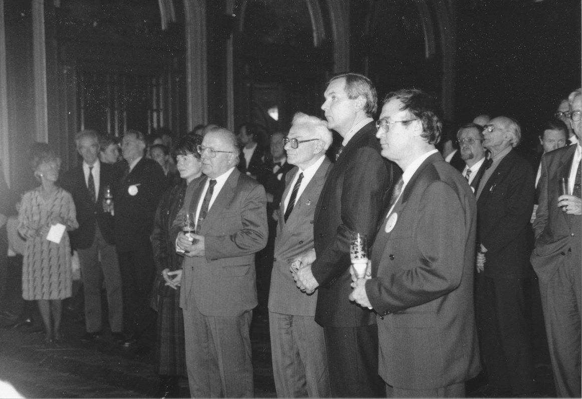 Latvian foreign minister Jānis Jurkāns (2nd from right) and Mavriks Vulfsons (3rd from right) are li...