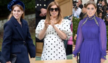 Princess Beatrice style in 2023, left, 2021, center, and 2018, right.