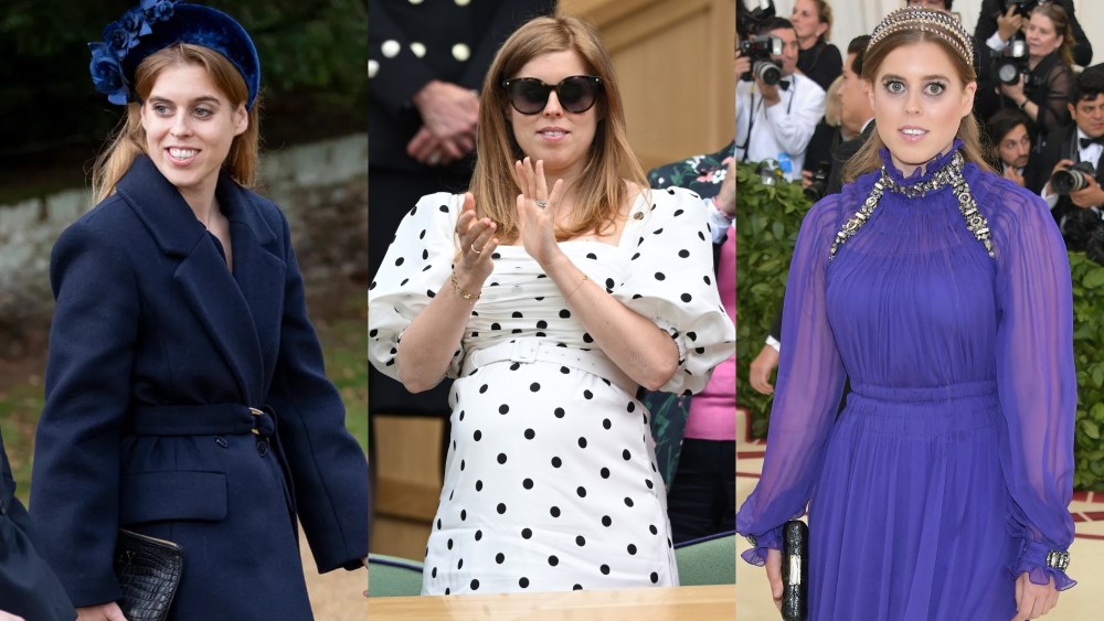 Princess Beatrice style in 2023, left, 2021, center, and 2018, right.
