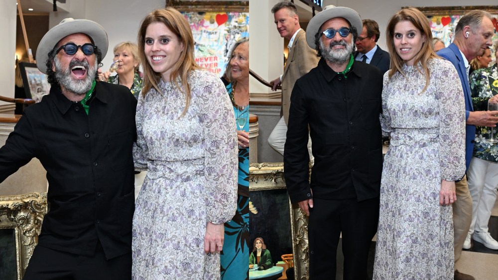 LONDON, ENGLAND - JULY 01: Mr. Brainwash and Princess Beatrice of York attend the presentation of Mr. Brainwash by Clarendon Fine Art and Jack Barclay Bentley at Jack Barclay Bentley on July 01, 2024 in London, England. (Photo by Kate Green/Getty Images)