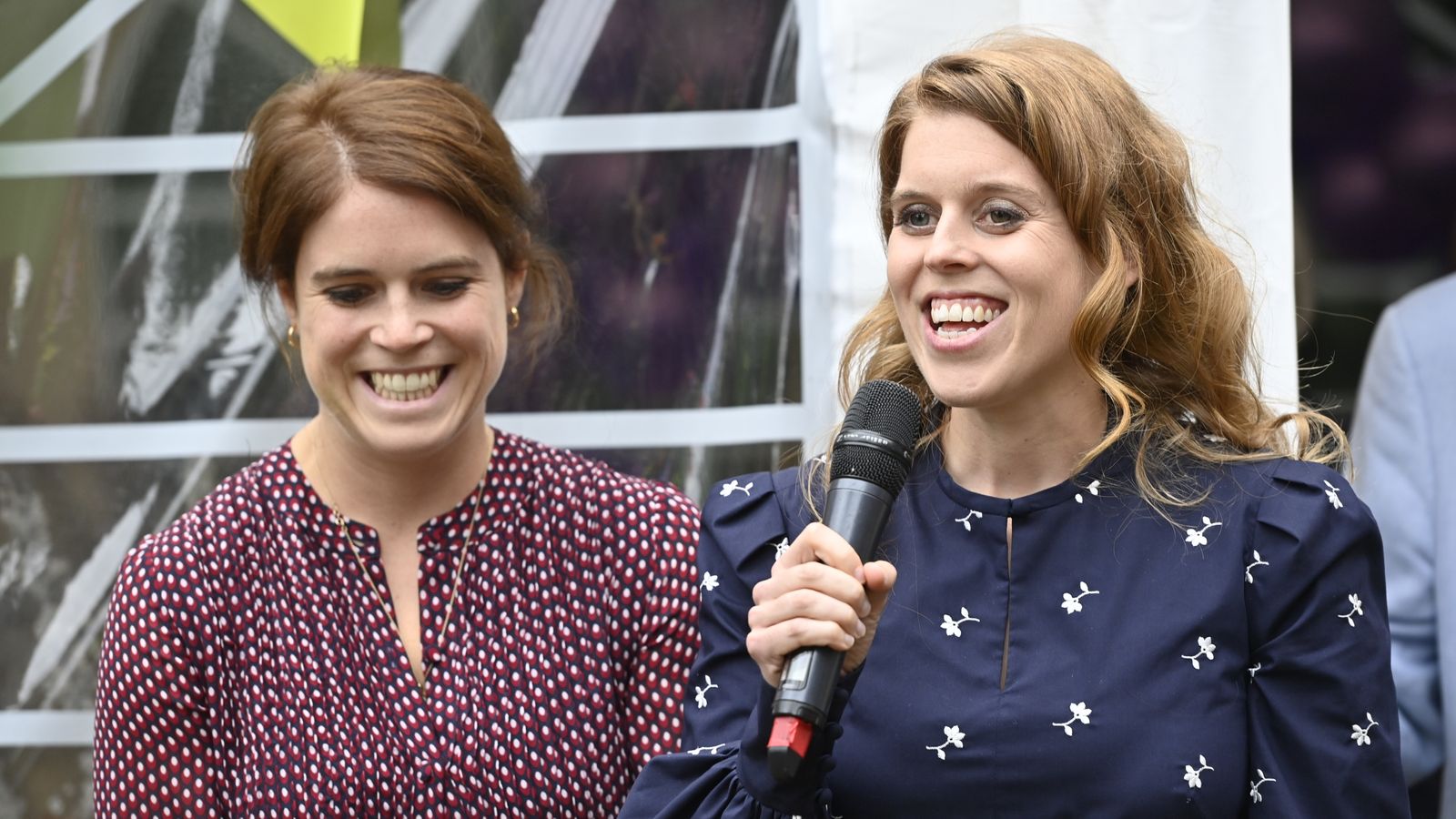 Handout photo courtesy of Theo Wood of Princesses Beatrice and Eugenie addressing guests during a garden party at Haven House Children's Hospice, Woodford Green. Picture date: Tuesday September 10, 2024.