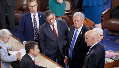 Speaker of the House Mike Johnson, R-La., third right, stands with with conservative Republican members, from left, Rep. Andy Ogles, R-Tenn., Rep. Ralph Norman, R-S.C., and Rep. Keith Self, R-Texas, as the Freedom Caucus members agree to change their vote in favor of Johnson to stay on as speaker, as the House of Representatives convenes the new 119th Congress with a slim Republican majority, at the Capitol in Washington, Friday, Jan. 3, 2025. (AP Photo/J. Scott Applewhite)