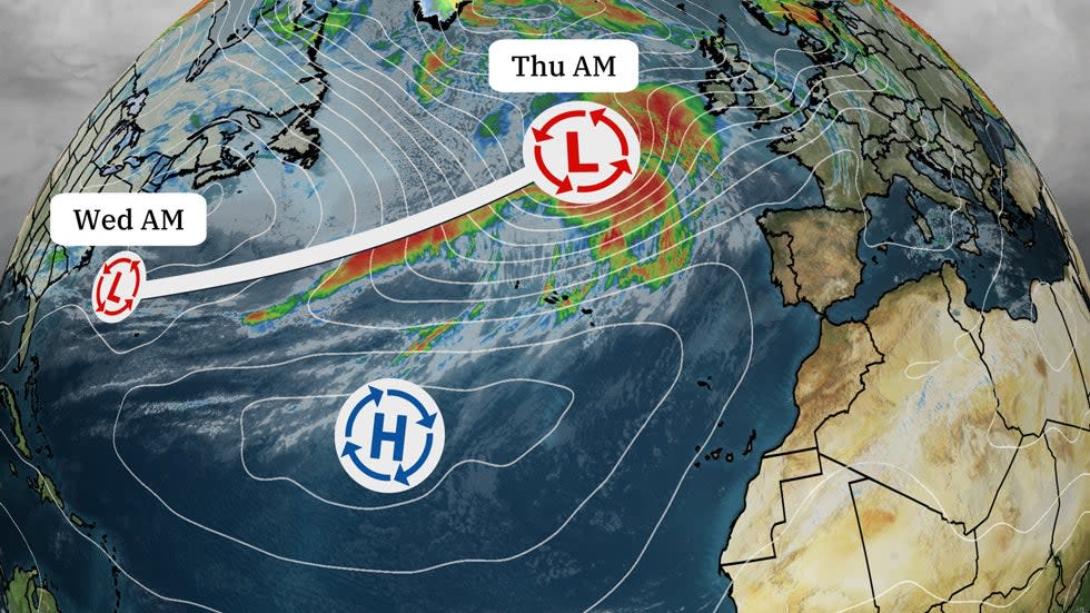 The low-pressure system formed Wednesday morning off the Southeast coast. It has rapidly-intensified along it trek through the North Atlantic.