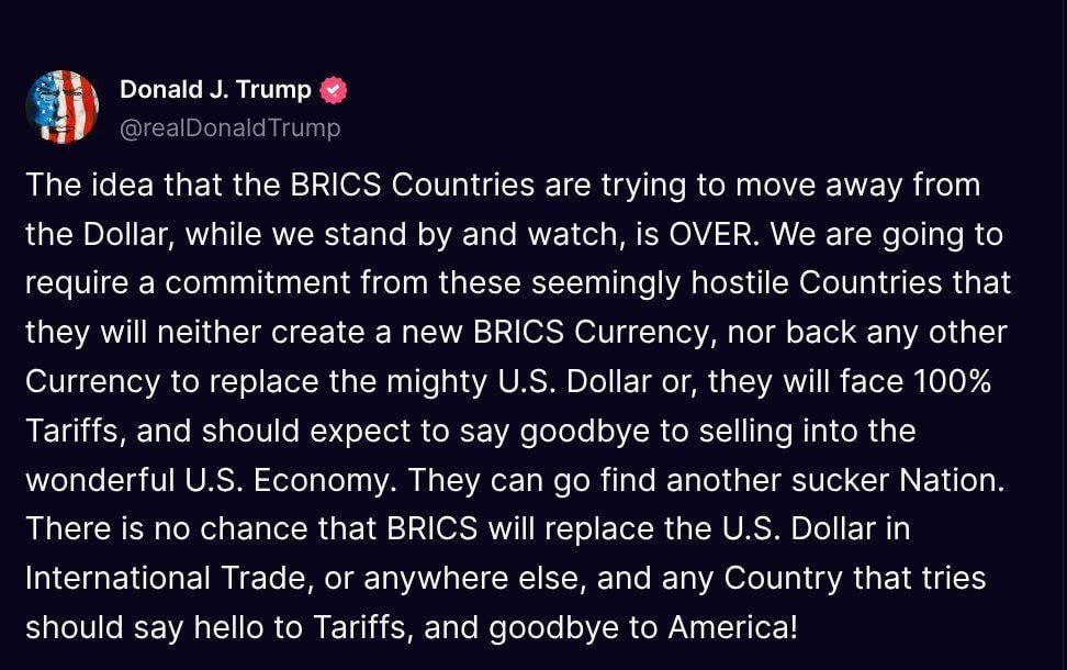 Donald Trump fears the end of the American dollar's hegemony over the world. It's obvious! It's clear that he wants to protect this hegemony, but I think this type of statement is counter-productive, and may even accelerate the BRICS and BRICS+'s desire to create their alternative.