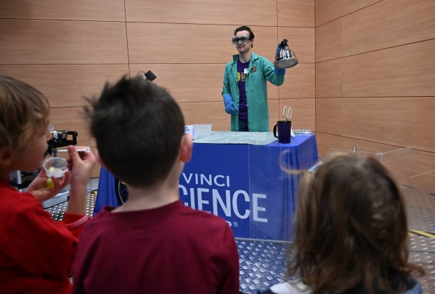 Da Vinci Science Center employee Tom Prostko performs a demonstration featuring liquid nitrogen Saturday, Jan. 4, 2025, during Ice Cream Wars at Da Vinci Science Center in Allentown. The annual event features Lehigh Valley businesses creating unique flavors of ice cream, with attendees casting votes to determine the champion. (Amy Shortell/The Morning Call)