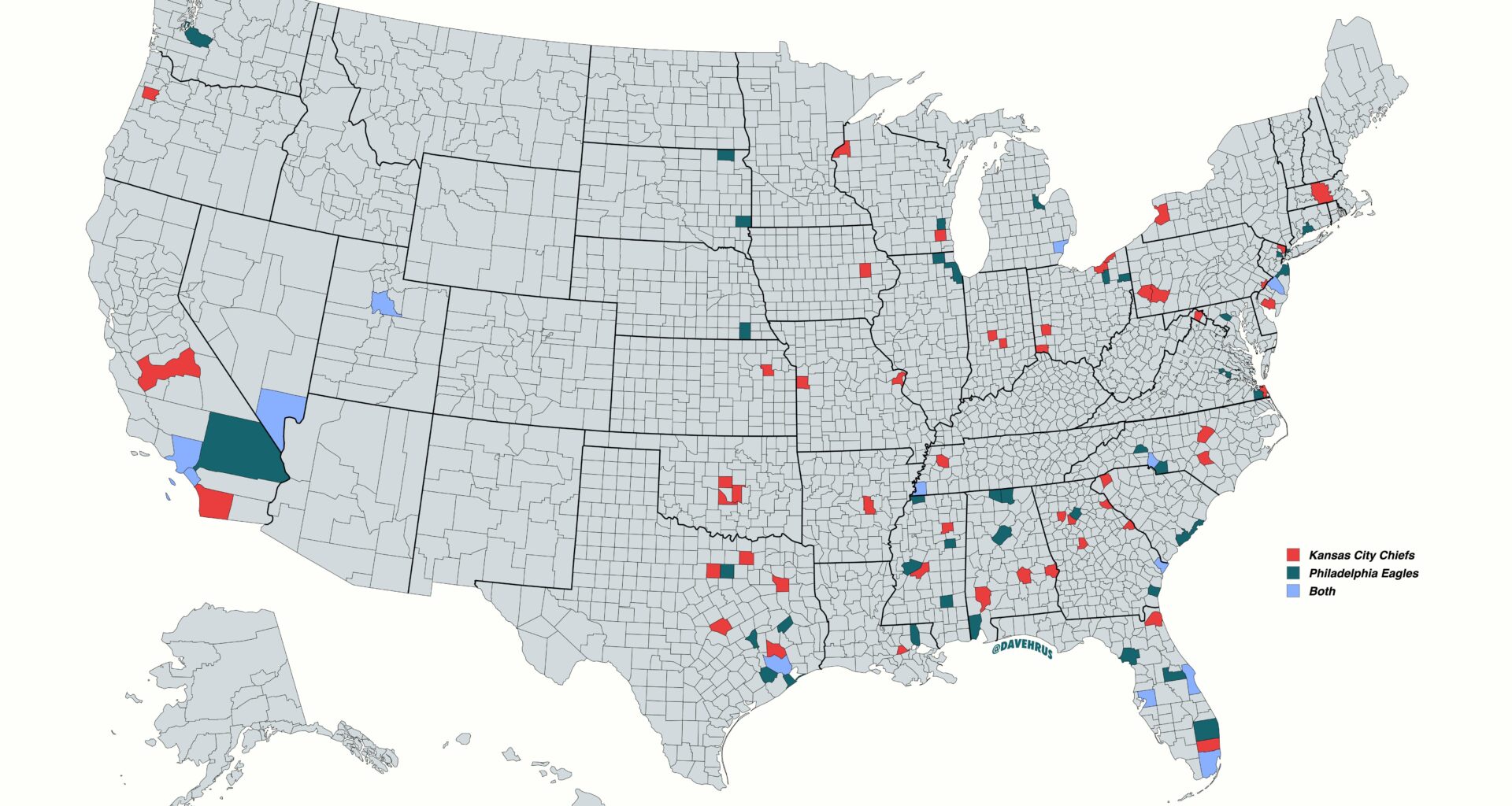 [OC] The birthplace of every player on the Super Bowl LIX rosters by county