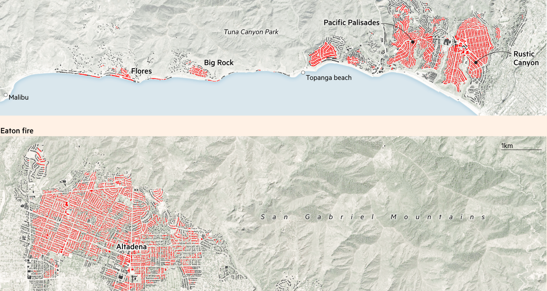 [OC] Maps showing likely damaged structures from LA fires
