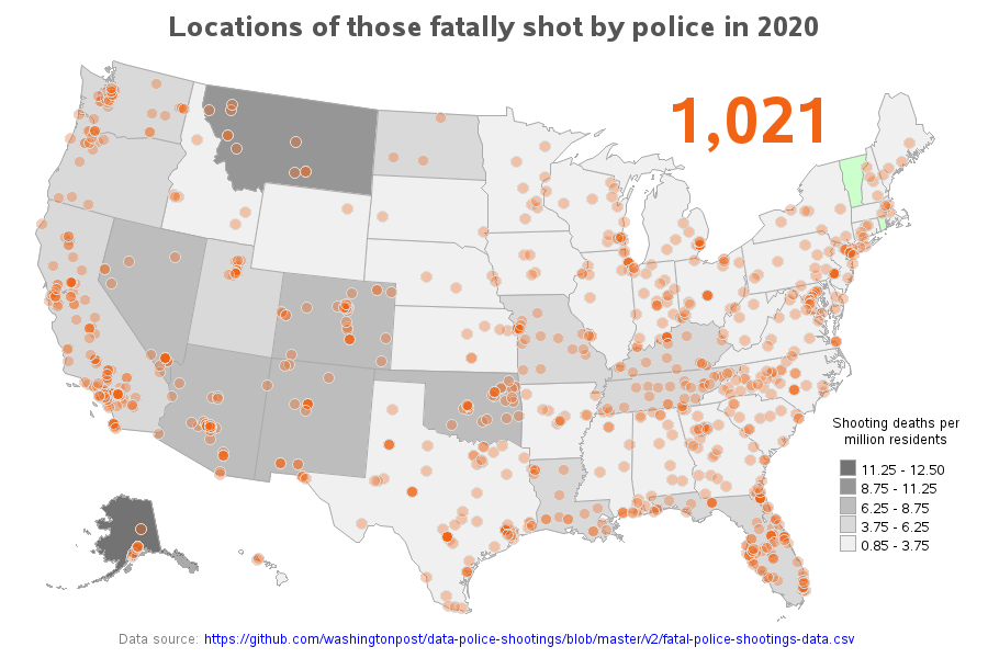 [OC] Locations of those fatally shot by police in 2020