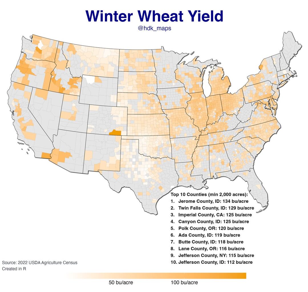 [OC] Maps of Yield for the Winter and Spring Wheat Crops in the US