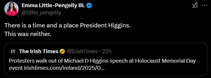 Emma criticises president Higgins over holocaust