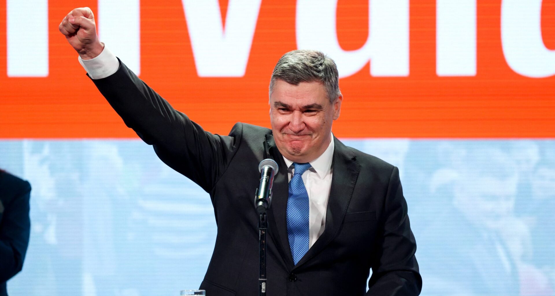 Zoran Milanović gestures during his victory speech in Zagreb on 12 January 2025 after he won the presidential election in a landslide.